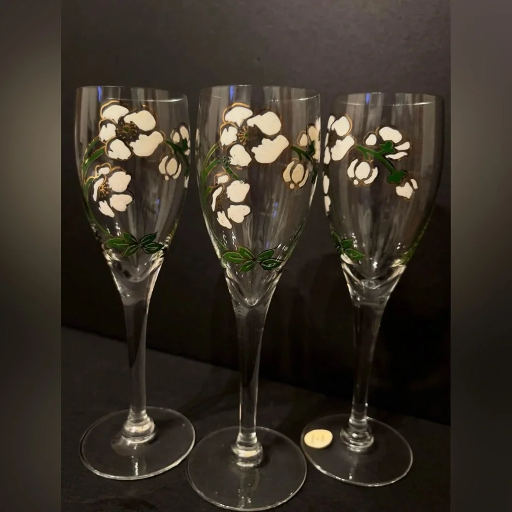 Vintage Perrier Jouet Champagne Flutes, Hand Painted, Set of 3